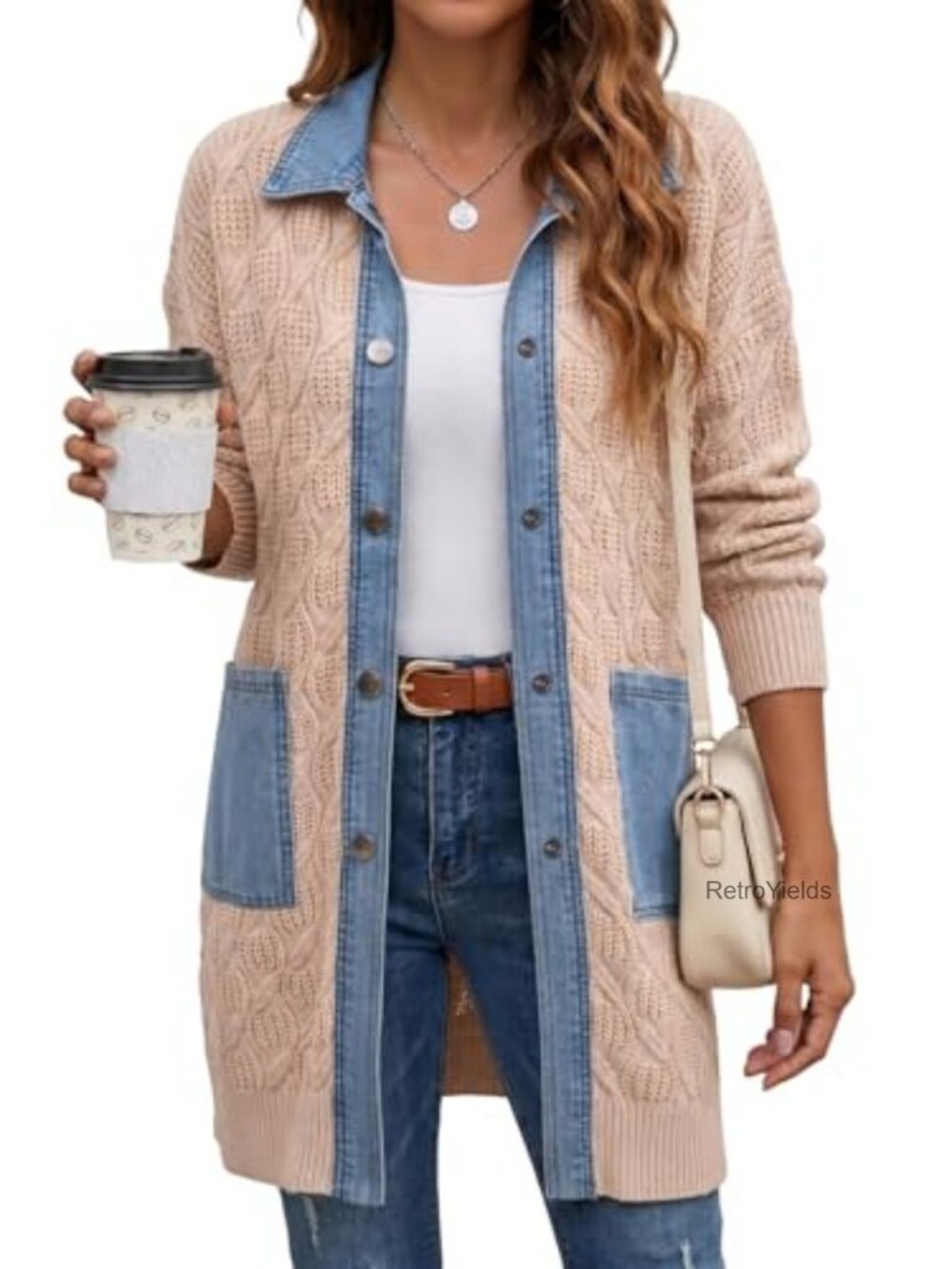 Dokotoo Denim Patchwork Button Down Cable Knit Long Cardigan Sweater